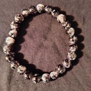 HANDMADE Black and White Glass Beaded Bracelet, Stretch, 7 Inches